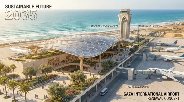 Aerial architectural concept of the future Gaza International Airport terminal and airfield.